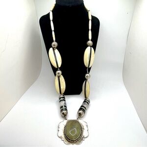 Boho Statement Necklace Cream Beads Green Stone Pendant. Unisex